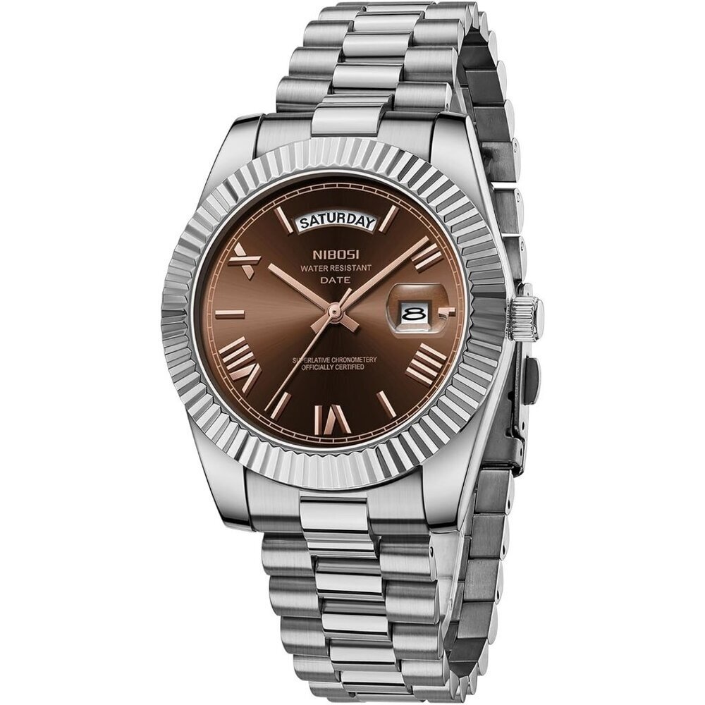 Men's Silver Brown Stainless Steel Analog Classic Design Stylish Wrist Watch